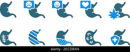 Set of human stomach colored icon. Healthy internal organ, gastrointestinal tract illness, diagnosis, treatment symbol Stock Vector