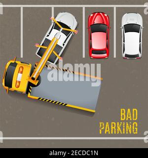 Bad Parking Top View Background. Tow Truck Vector Illustration. Bad Parking Cartoon Design. Tow Truck Working Decorative Symbols. Stock Vector