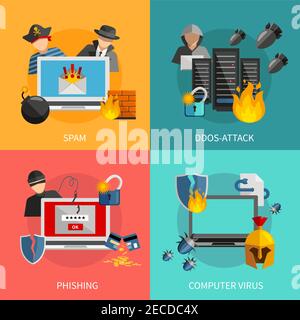 Hacker 2x2 flat design concept with spam phishing ddos attack and computer viruses threats for computer systems icons compositions vector illustration Stock Vector