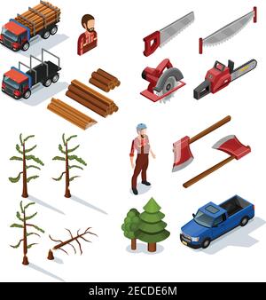 Lumberjack isometric color icons set of woodworking tools lumber trucks woodcutters in uniform  on white background flat isolated vector illustration Stock Vector