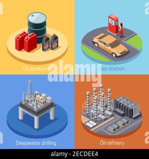 Oil industry isometric 4 icons square poster with refinery plant and gas station abstract isolated vector illustration Stock Vector