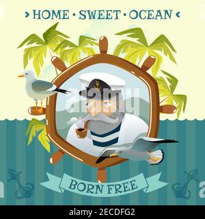 Nautical poster with old sailor smoking pipe helm sea and palm trees on uninhabited island flat vector illustration Stock Vector