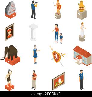 Historical museum building ancient exhibits paintings and visitors isometric icons collection with mammoth abstract isolated vector illustration Stock Vector