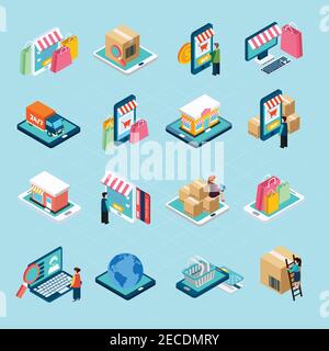 Mobile shopping with various related elements isometric isolated icons set on blue background vector illustration Stock Vector