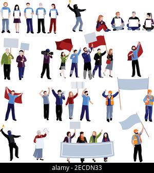 Demonstration protest people holding megaphones flags and placards on white background flat isolated vector illustration Stock Vector