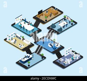 Isometric abstract scheme with 3d  icons of rooms of online office placed on tablet styled platforms vector illustration Stock Vector