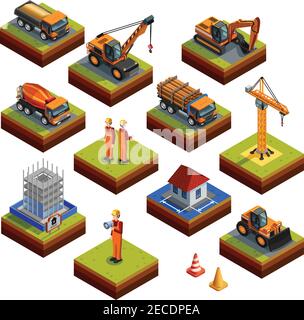 Construction isometric isolated icons with workers in helmets and uniforms building object crane bulldozer  truck concrete mixer and other vehicles is Stock Vector