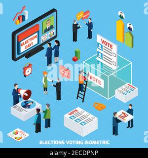 Elections and voting isometric design composition with people busy in tv advertising of election day debates and voter counting flat vector illustrati Stock Vector