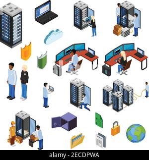Datacenter isometric icons set of server hardware data security technical specialists using it technology flat vector illustration Stock Vector