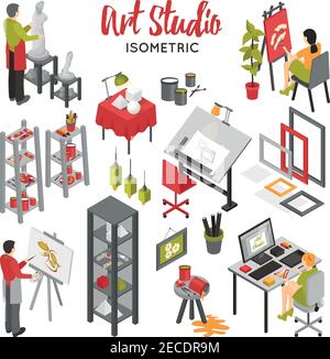 Art studio isometric set with painters graphic designer sculptor equipment and interior objects on white background isolated vector illustration Stock Vector