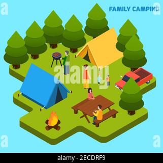 Camping and travel isometric composition with family having rest in forest on light blue background vector illustration Stock Vector