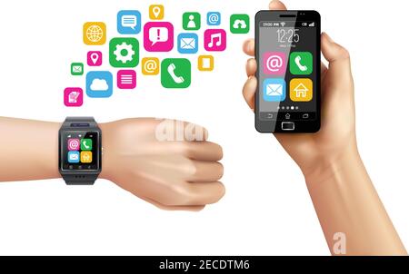 Transferring data from smartwatch on hand to smartphone process with colorful apps symbols white background vector illustration Stock Vector