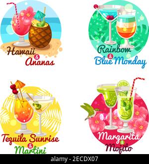 Flat composition 2x2 depicting type of tropical cocktails in special glasses with title vector illustration Stock Vector