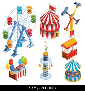 Amusement park isometric decorative icons set with ferris wheel circus tent popcorn vendor balloons and gift booths in cartoon style isolated vector i Stock Vector