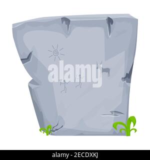 Stone age symbol big rock with ancient tribal caveman drawings in cartoon style isolated on white background. Hunting primitive objects. Decoration hi Stock Vector