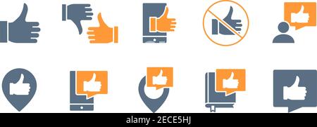 Set of thumb up feedback colored icons. Like and dislike, charity, favorite, quality control, customer review and more. Stock Vector
