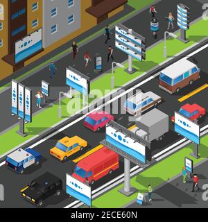 Street Advertising Illustration. Signboard Isometric Vector. Advertising Billboards On The Street. Street Billboards Design. Stock Vector