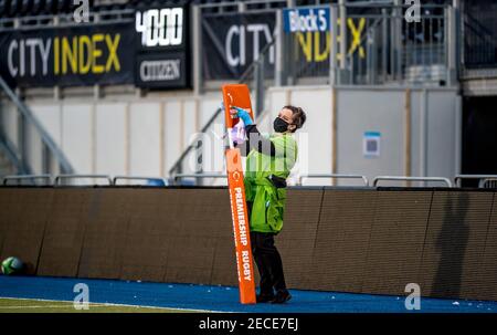 London, UK. 13th Feb, 2021. Its half time and all the flags have a hygiene clean by the ground staff during the Trailfinders Challenge Cup match between Saracens and Doncaster Knights at the Stonex Stadium, London, England on 13 February 2021. Photo by Phil Hutchinson. Editorial use only, license required for commercial use. No use in betting, games or a single club/league/player publications. Credit: UK Sports Pics Ltd/Alamy Live News Stock Photo