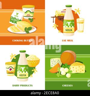 Milk and cheese 2x2 design concept set of dairy products with kefir and milk bottles cooking butter yogurt curd flat vector illustration Stock Vector