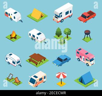 Camping and travel isometric icons set with trees transport and different things for campsite and travelling on light blue background isolated vector Stock Vector