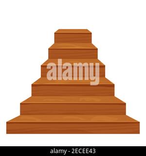 Wood stairs, indoor construction in cartoon style isolated on white background. Brown, rural interior object, clipart, design element. . Vector illust Stock Vector