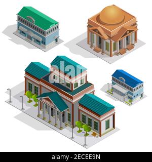 Bank and museum city buildings isometric decorative icons set with pillars and elements in style of classicism  isolated  vector illustration Stock Vector
