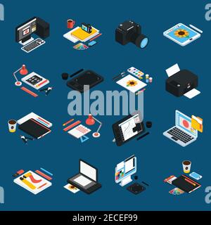 Graphic design isometric icons set with laptop camera printer touch display ink pen artistic tools isolated vector illustration Stock Vector