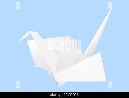 White origami paper crane on blue background. Vector realistic illustration of traditional japanese craft. Stock Vector