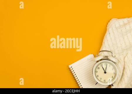 Flat lay yellow workplace or workspace table or desk with notepad, copy space composition, design for website's photo Stock Photo