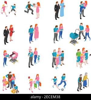 Family relations isometric icons set with engagement marriage parents with children and grandparents abstract isolated vector illustration Stock Vector