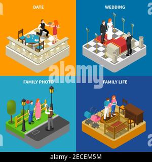 Family photos 4 isometric icons square composition poster with wedding ceremony and engagement abstract isolated vector illustration Stock Vector
