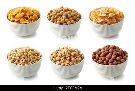 bowls of various breakfast cereal isolated on white background Stock Photo