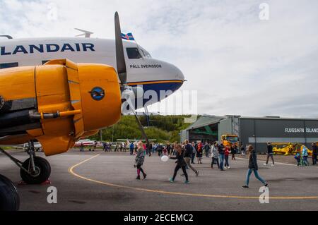 Akureyri Iceland - June 20. 2015: Icelandair Douglas C47 (DC3) airplane at a local airshow in akureyri Airport Stock Photo