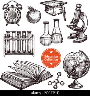 Black and white education hand drawn sketch set with different tools for science and studying on white background isolated vector illustration Stock Vector