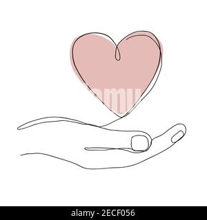 Single continuous line drawing of hand holding a heart on white background. Modern vector illustration for Valentine day banner, Donor Day or organ Stock Vector