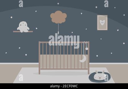 Interior of children bedroom,nursery or baby room with home decorations.Furniture - crib or cot bed, carpet, stuffed toy bunny on shelf,picture Stock Vector