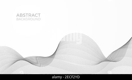 Geometric background with black waves, modern linear web template, abstract frequency banner. A landscape made with fine curved lines. Stock Vector