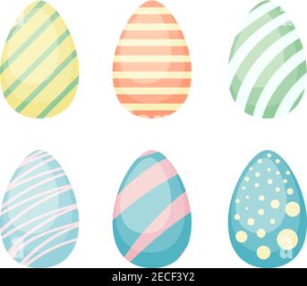 Happy Easter. Set of Easter eggs with different ornament texture on a white background. Spring holiday. Vector Illustration. Happy easter eggs pattern Stock Vector