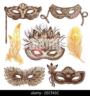 Golden carnival masks of different shape with decorations feathers sketch set on white background hand drawn isolated vector illustration Stock Vector