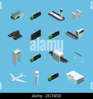 International airport terminals signs services and facilities isometric icons set on sky blue background isolated vector illustration Stock Vector