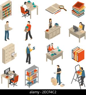 Historical documents manuscripts and publications storage library archive catalog helves isometric icons set abstract isolated vector illustration Stock Vector