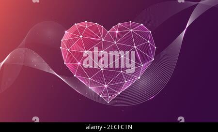 Vector illustration of a geometric heart made of lines and dots on a purple background. A modern linear template on the theme of love, romance or pass Stock Vector