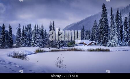 Christmas Card scene of the Snow Landscape at Sun Peaks ski resort in the Shuswap Highlands of British Columbia, Canada
