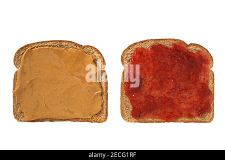 Open face Peanut Butter and Jelly sandwich on wheat bread Stock Photo