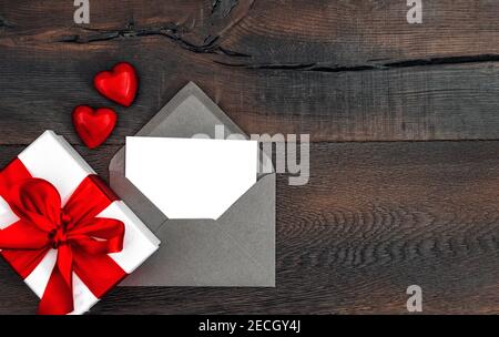 Greeting card and gift box. Valentines Day red decoration Stock Photo