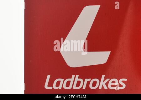 Dublin, Ireland. 13th Feb, 2021. Ladbrokes logo seen at one of their stores in Dublin city center, Credit: SOPA Images Limited/Alamy Live News Stock Photo