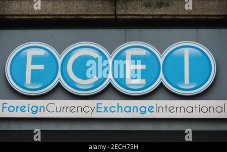 Dublin, Ireland. 13th Feb, 2021. FCEI (Foreign Currency Exchange International) logo seen at one of their branches. Credit: SOPA Images Limited/Alamy Live News Stock Photo