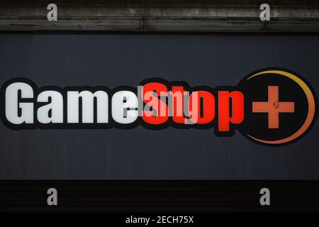 Dublin, Ireland. 13th Feb, 2021. GameStop logo seen at one of their stores on Henry Street in Dublin. Credit: SOPA Images Limited/Alamy Live News Stock Photo