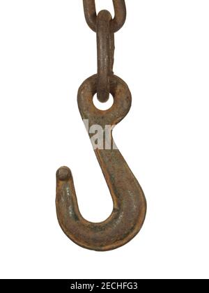 Old rusty steel hook isolated on a white background. Stock Photo