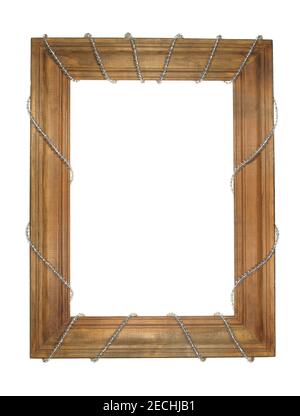 Old wooden frame entwined with a festive garland isolated on a white background. Stock Photo